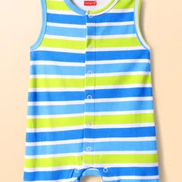 Babyhug 100% Cotton Knit Sleeveless Front Open Rompers with Leaves Print & Stripes Pack of 2 - Light Blue & Green image 2