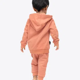 Ariel Pure Cotton Knit Full Sleeves Panda Patch Detailed Light Winter Hooded Sweatshirt & Joggers Set- Orange image 3