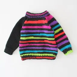 Woonie Full Sleeves Handknitted Striped Sweater - Black image 4