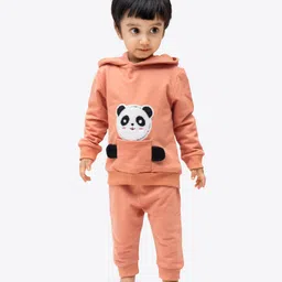 Ariel Pure Cotton Knit Full Sleeves Panda Patch Detailed Light Winter Hooded Sweatshirt & Joggers Set- Orange image 4