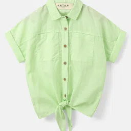 arias by lara dutta Arias Cotton Linen Half Sleeves Shirt With Front Tie Knot - Light Green image 4
