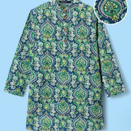 Pine Kids Cotton Woven Full Sleeves Kurta & Pyjama With Floral Print - Dark Green image 4