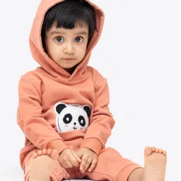 Ariel Pure Cotton Knit Full Sleeves Panda Patch Detailed Light Winter Hooded Sweatshirt & Joggers Set- Orange image 5