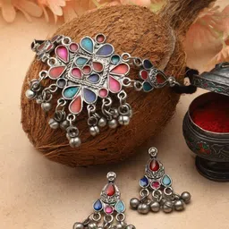 Moedbuille Silver-Plated Oxidised Ghungroo-Studded Meenakari Jewellery Set image 1