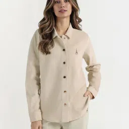 Elle Women Cream Solid Collar Corduroy Shirt-picture-32
