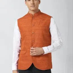 Peter England Orange  Regular Fit Self Pattern Nehru Jacket-picture-30
