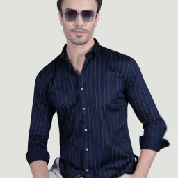 ALMATY Alvar Navy Blue Cotton Striped Shirt-picture-41