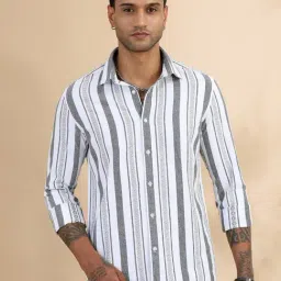 Bushirt White Cotton Polyblend Regular Fit Stripes Casual Shirt-picture-38
