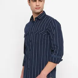 Duke Navy Cotton Slim Fit Striped Shirt image 3