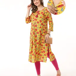 Bella Mama 100% Viscose Woven Three Fourth Sleeves All Over Butti Printed Maternity Kurta with Pocket - Yellow-picture-11