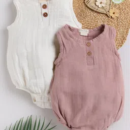 Cot & Candy Sleeveless Round Neck Solid Muslin Romper  -White and Pink Blush-image-52