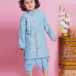 Little Bansi Jacquard Full Sleeves Floral Printed Kurta & Dhoti - Blue-picture-36