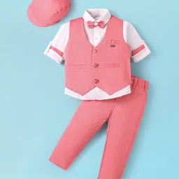Rikidoos Full Sleeves Solid Shirt With Waistcoat Pant Cap & Bow Set - Red & White-picture-37