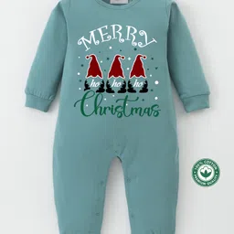 BLUSHES Christmas Theme 100% Cotton Full Sleeves Merry Christmas Text Printed Romper - Olive Green-picture-13