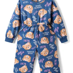 Babyhug Cotton Knit Full Sleeves Jumpsuit with Bear Print - Blue-image-11