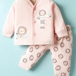 cucumber Babyhug Cotton Knit Full Sleeves Night Suit with Lion Print - Pink-picture-26