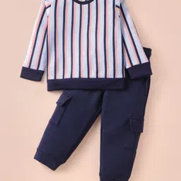 Rikidoos Full Sleeves Striped Sweatshirt With Joggers Set - Peach & Navy Blue-image-28