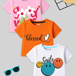 KUCHIPOO Cotton Blend Knit Pack Of 3 Half Sleeves Floral & Typography Printed Tees - White Pink & Orange-picture-23