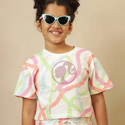 Kidsville Cotton Knit Mattel Featuring Half Sleeves Barbie Printed Crop Tee - White & Pink-image-60