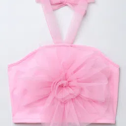 Taffykids Net Knit Sleeveless Rose Applique Detailed Halter Neck Crop Top - Pink image 1
