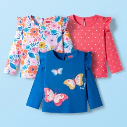 Babyhug 100% Cotton Knit Full Sleeves T-Shirts with Polka Dot Butterfly & Floral Print & Frill Detailing Pack of 3 - Pink Blue & White-picture-36