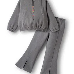 Tiara Waffle Knit Full Sleeves Geometric Tassel Zipper Detailed Winter Sweatshirt With Bell Bottom Pant Set - Grey-picture-20