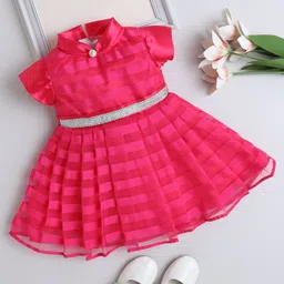 The Magic Wand Woven Cap Sleeves Textured Stones Embellished Belt Detailed Pleated Dress - Fuchsia-picture-34