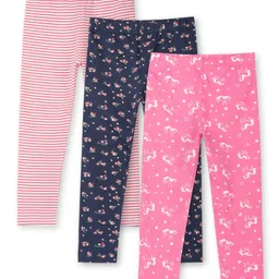 Ariel Cotton Knit Pack Of 3 Striped & Floral Printed Leggings - Pink & Navy Blue-picture-32