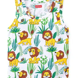 Babyhug Cotton Knit Sleeveless Sandos With Stripes & Lion Print Pack of 3 - Green White & Yellow image 2