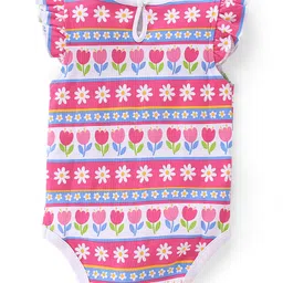 Babyhug 100% Cotton Knit Sleeveless with Frill Detailing Onesie Pack of 3 Text & Floral Print - Mutlicolour image 5