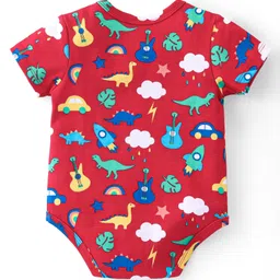 Babyhug 100% Cotton Knit Half Sleeves Onesies with Star & Dino Print Pack of 3 - Blue Yellow & Red image 5