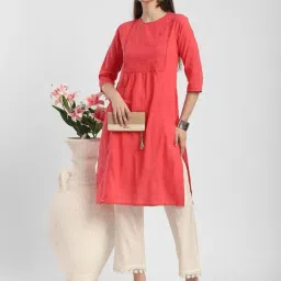R&B Red Cotton Straight Kurta image 3