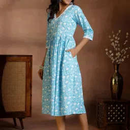 Libas Blue Cotton Printed A-Line Dress image 4