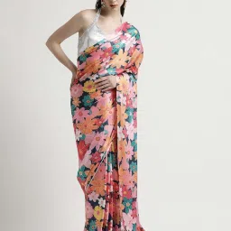 Jaipur Kurti Pink & Blue Floral Print Saree With Unstitched Blouse image 4