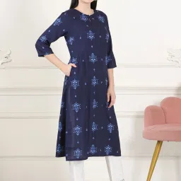 W Blue Cotton Printed Straight Kurta image 4
