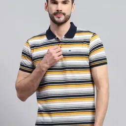 Monte Carlo Yellow & White Regular Fit Striped Polo T-Shirt-image-78