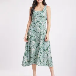 Fablestreet Green & White Floral Print Midi Dress-image-91