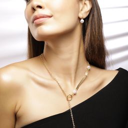 Rubans 22K Gold-Plated Necklace & Earrings Set with Pearl Beads and Chain Detailing-picture-0