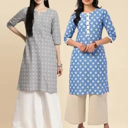 Rangita Grey & Blue Cotton Printed Straight Kurta - Pack Of 2-picture-12