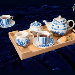AMALAFIEE CERAMICS Blue & White 7 Pieces Printed Glossy Ceramic Kettle Set image 1