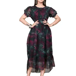 RUNAYA NX Women Abstract Printed Gathered or Pleated Puff Sleeves Fit and Flare Maxi Dress-picture-39