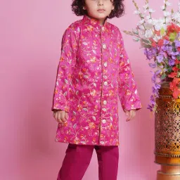 Little Bansi Boys Pink Embroidered Full Sleeves Sherwani with Pyjamas image 3