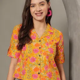 KALINI Women Floral Printed Roll-Up Sleeves Cotton Shirt Style Crop Top-picture-20