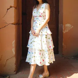 RARE Women Floral Printed Layered Georgette Fit & Flare Midi Dress-image-11