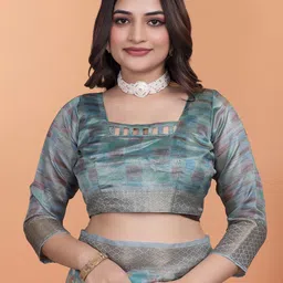 HERE&NOW Floral Printed Woven Design Zari Banarasi Saree image 2