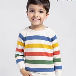 Babyoye 100% Cotton Knit Colour Blocked Full Sleeves Pullover Sweater - White Blue & Yellow-image-7