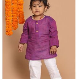 Vastramay Pure Handloom Cotton Full Sleeves Solid Kurta &  Pyjama - Purple & White-picture-47