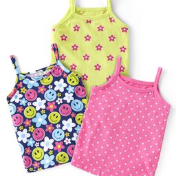 Babyhug Single Jersey 100% Cotton Knit Singlet Sleeves Antibacterial Slips With Polka Dots & Floral Print Pack of 3 - Green Blue & Pink-picture-30