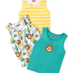 Babyhug Cotton Knit Sleeveless Sandos With Stripes & Lion Print Pack of 3 - Green White & Yellow-picture-18