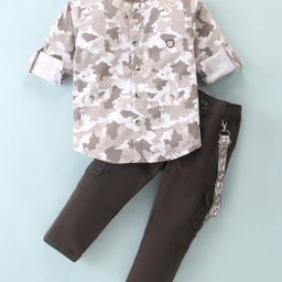 Dapper Dudes Full Sleeves Camouflage Printed Suspender Shirt With Solid Trouser - Brown-image-95